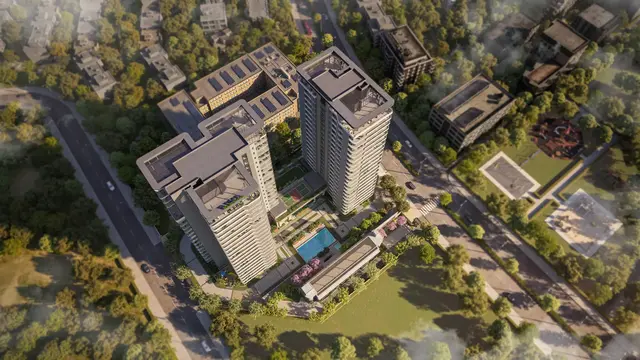 Aerial render of Eldeco Camelot showing both towers, podium club and central courtyard