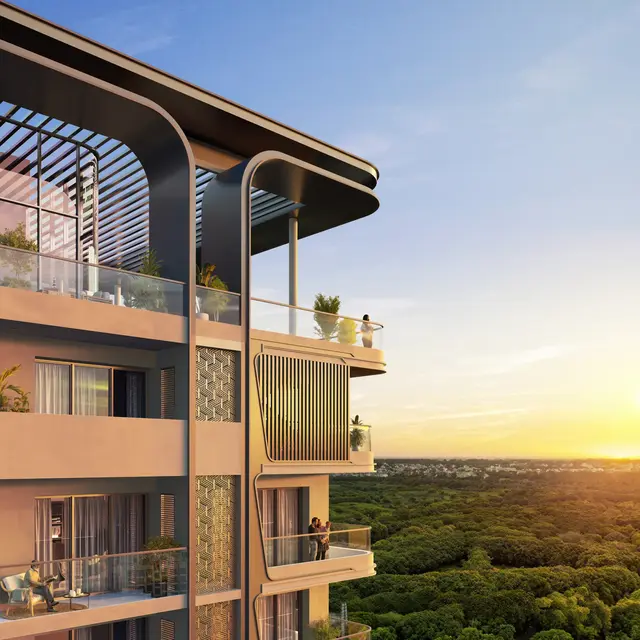 Eldeco Camelot curved balconies and pergola terrace at sunset