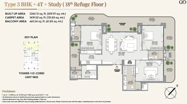 Eldeco Camelot Type 3 BHK + 4T + Study floor plan, Tower 1 unit 1802 (18th refuge floor)