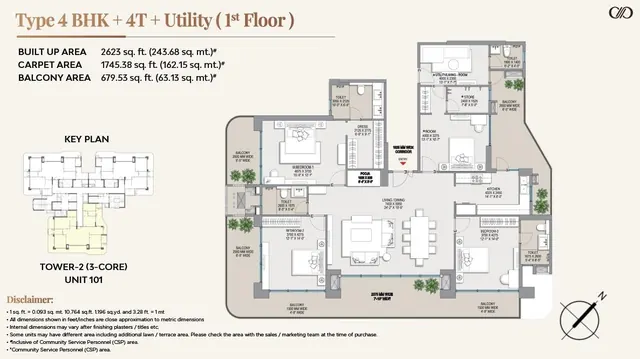 Eldeco Camelot Type 4 BHK + 4T + Utility floor plan, Tower 2 unit 101 (1st floor)