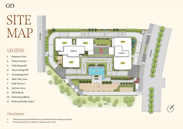 Eldeco Camelot site plan with Tower A, Tower B, pool, pickleball court and kids' play area