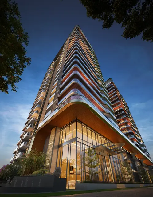 Eldeco Camelot tower corner with curved balconies (artist's impression)