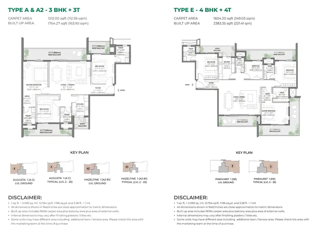 Eldeco Fairway Reserve floor plans Type A & A2 (3 BHK + 3T) and Type E (4 BHK + 4T)