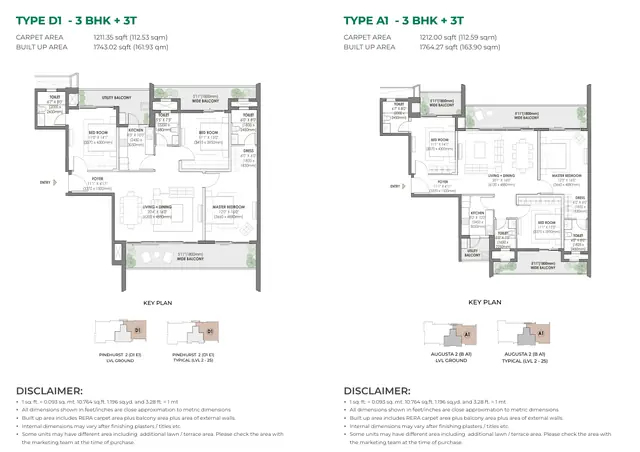 Eldeco Fairway Reserve floor plans Type D1 (3 BHK + 3T) and Type A1 (3 BHK + 3T)