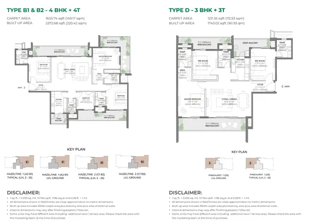 Eldeco Fairway Reserve floor plans Type B1 & B2 (4 BHK + 4T) and Type D (3 BHK + 3T)