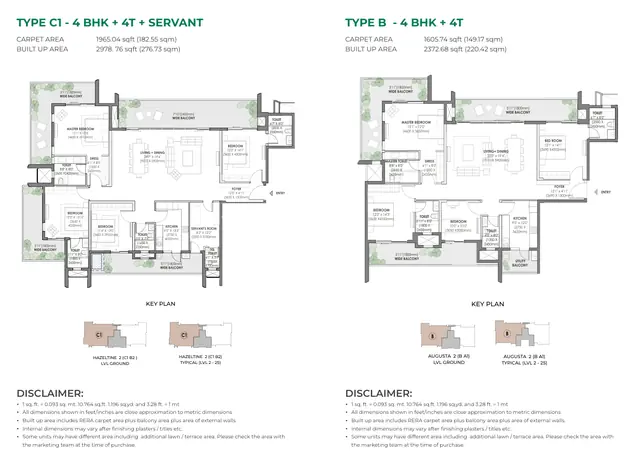 Eldeco Fairway Reserve floor plans Type C1 (4 BHK + 4T + servant) and Type B