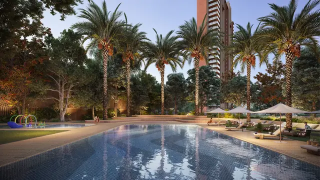 Eldeco Fairway Reserve swimming pool at dusk (artist's impression)