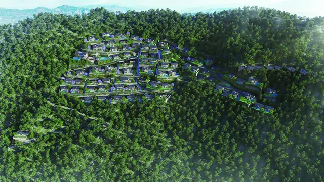 Aerial render of Terra Grande Kasauli Hills villas on a pine-forested slope