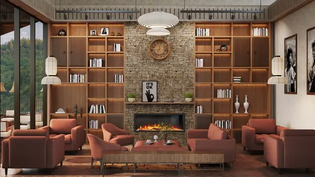 Greenhill Club library lounge with stone fireplace