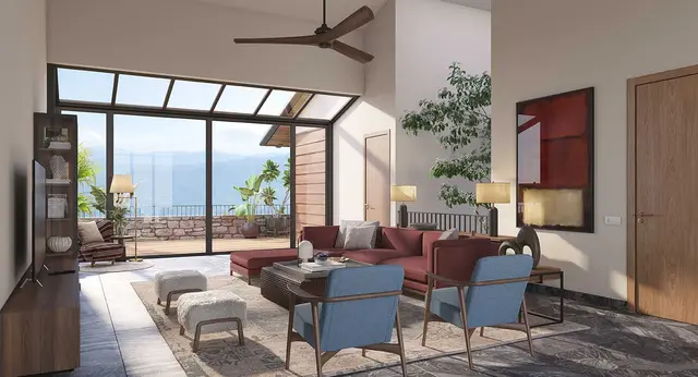 Villa living room with conservatory glazing at Eldeco Terra Grande Kasauli Hills