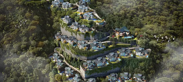 Aerial render of Eldeco Terra Grande Rishikesh Hills villas stepped down a forested hillside