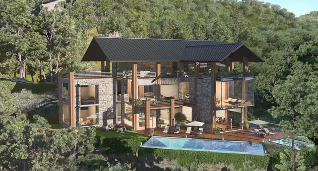 Glass-and-timber club pavilion and lap pool among the forest