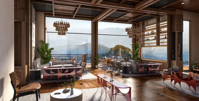 Clubhouse lounge with beamed timber ceiling and panoramic windows