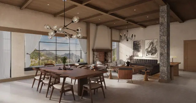 Rossa Estate living and dining room with fireplace