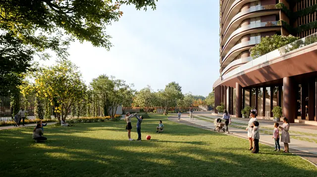 Eldeco Terra & Sol central lawn with families and the curved towers