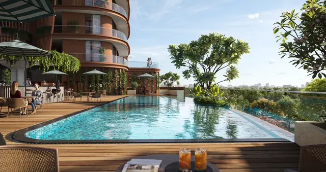 Eldeco Terra & Sol podium pool with cafe seating by day